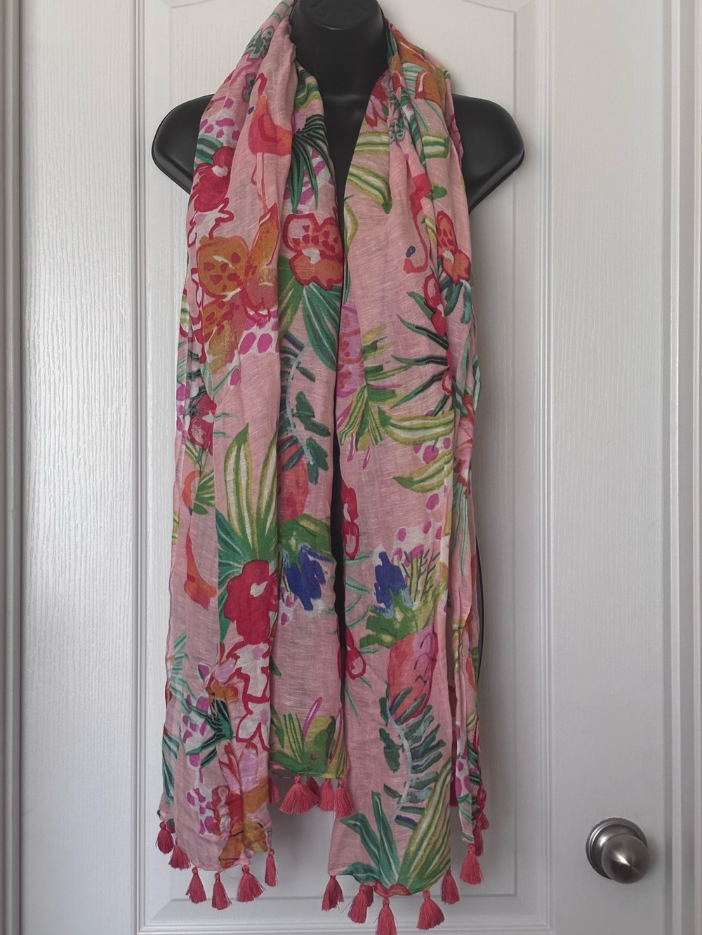 Floral Pink Tassel Scarf - Lightweight Women's Accessory